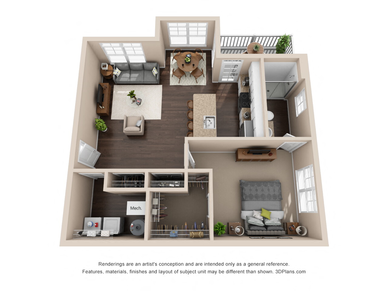Floor plan for 1 bed, 1 bath, 854 sqft